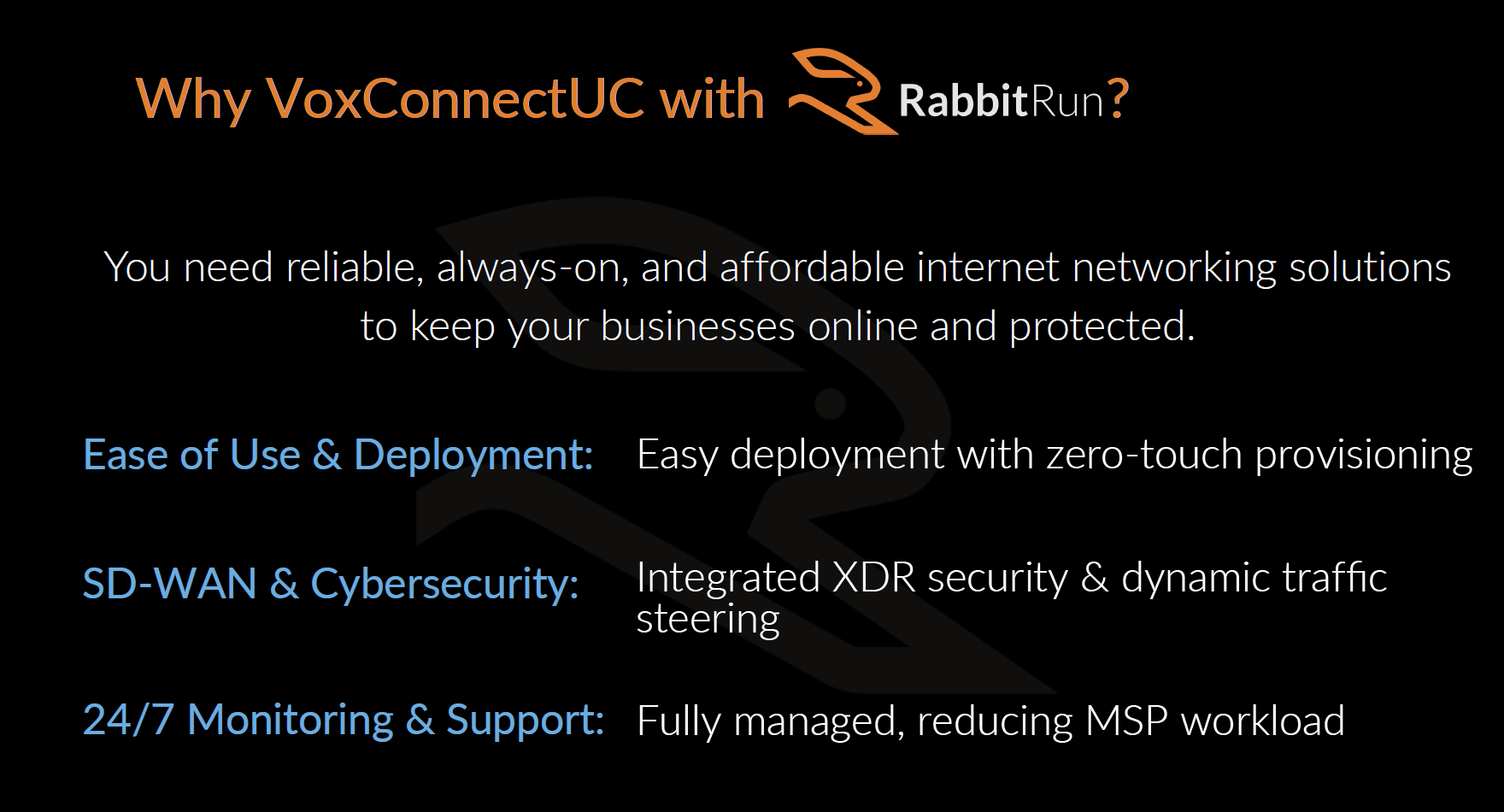 Why VoxConnectUC with RabbitRun: ease of deployment, SD-WAN and cybersecurity, 24/7 monitoring